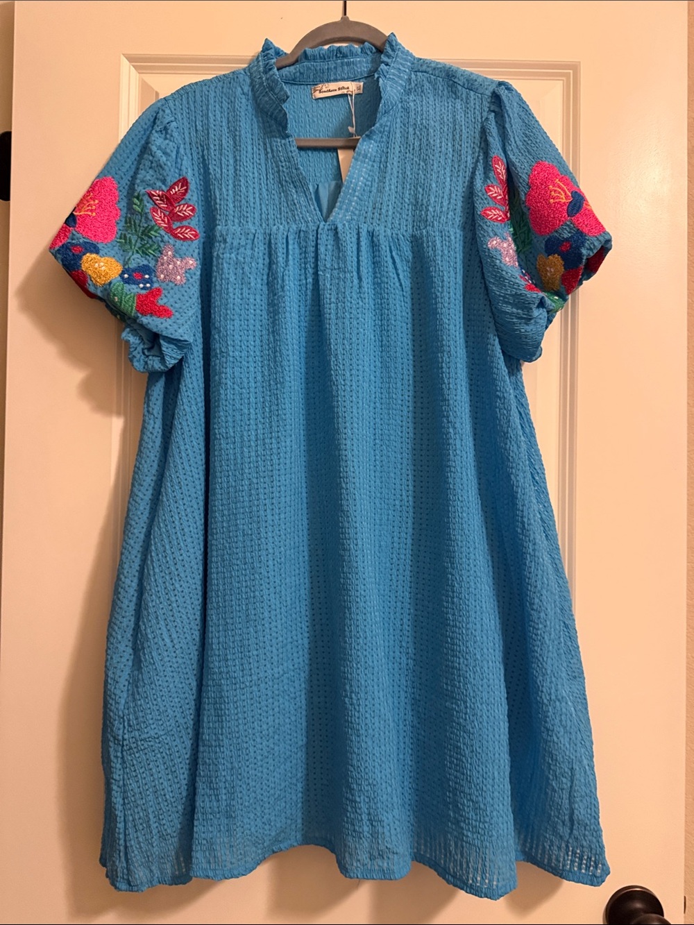 Southern Stitch Blue Embroidered Dress with Floral Puff Sleeves, Pockets, Lined